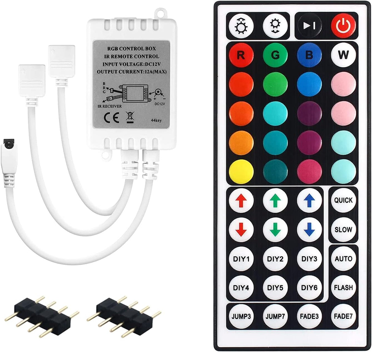 Dual Outputs 44 Keys IR Remote Controller 4 Pin 2 Ports RGB Control Box RGB LED Strip Light Controller with WirelessReceiver for RGB 5050 3528 LED Strip Lights Safe & Versatile for Creative Lighting Projects - Ideal for Home, Office.